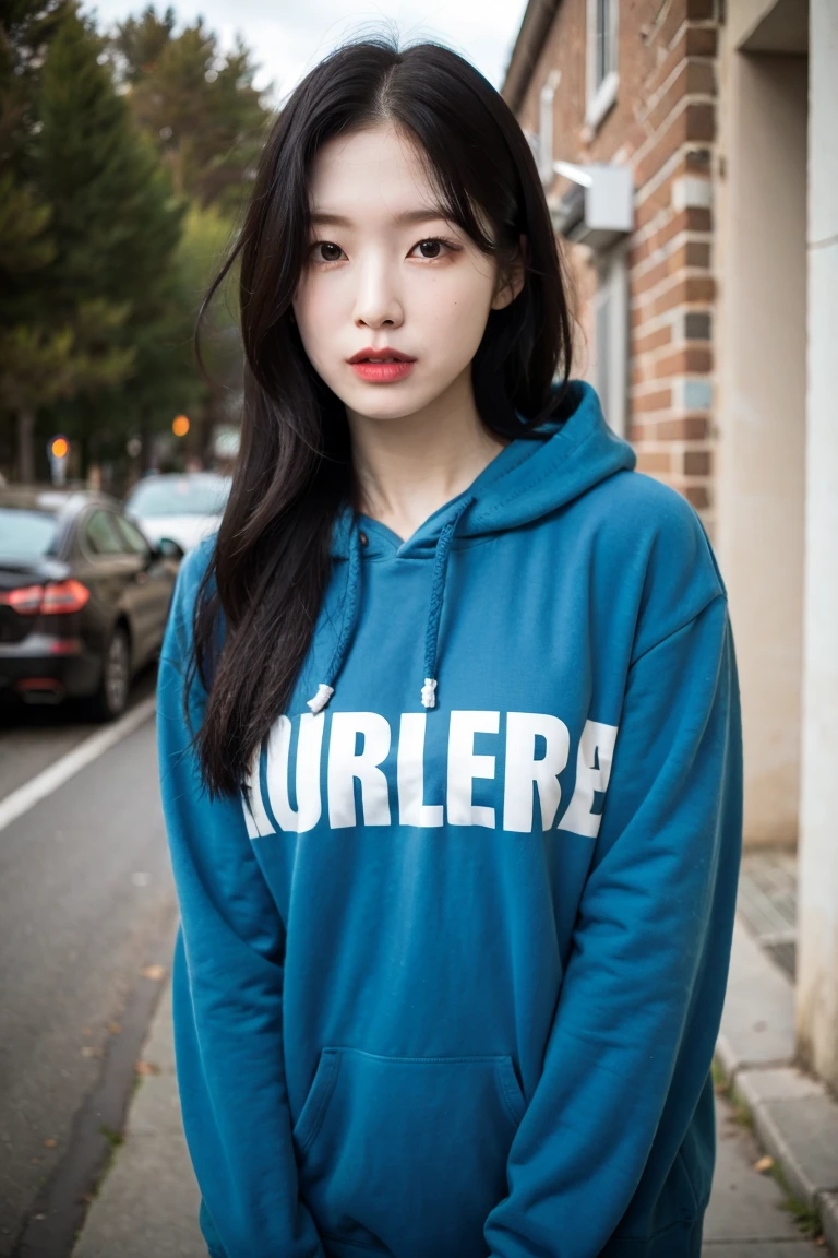 upper body photo of arinomg in blue hoodie, makeup, streets, day, hard shadows, (photorealistic:2.0), <lora:arinomg-v3a:1>