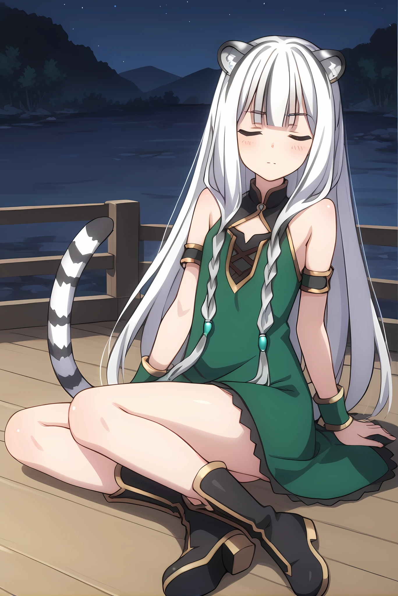 (green dress black boots), tny-atla, tiger tail, tiger ears, white hair, long hair, green armlets, 1girl, solo, skinny, feet, score_9, score_8, score_7, source_anime, blush, night sky, (1.3::full body|sitting|standing|lying|0.6::close-up| :1.20), closed eyes <lora:tny-atla-V01-000004:0.80>