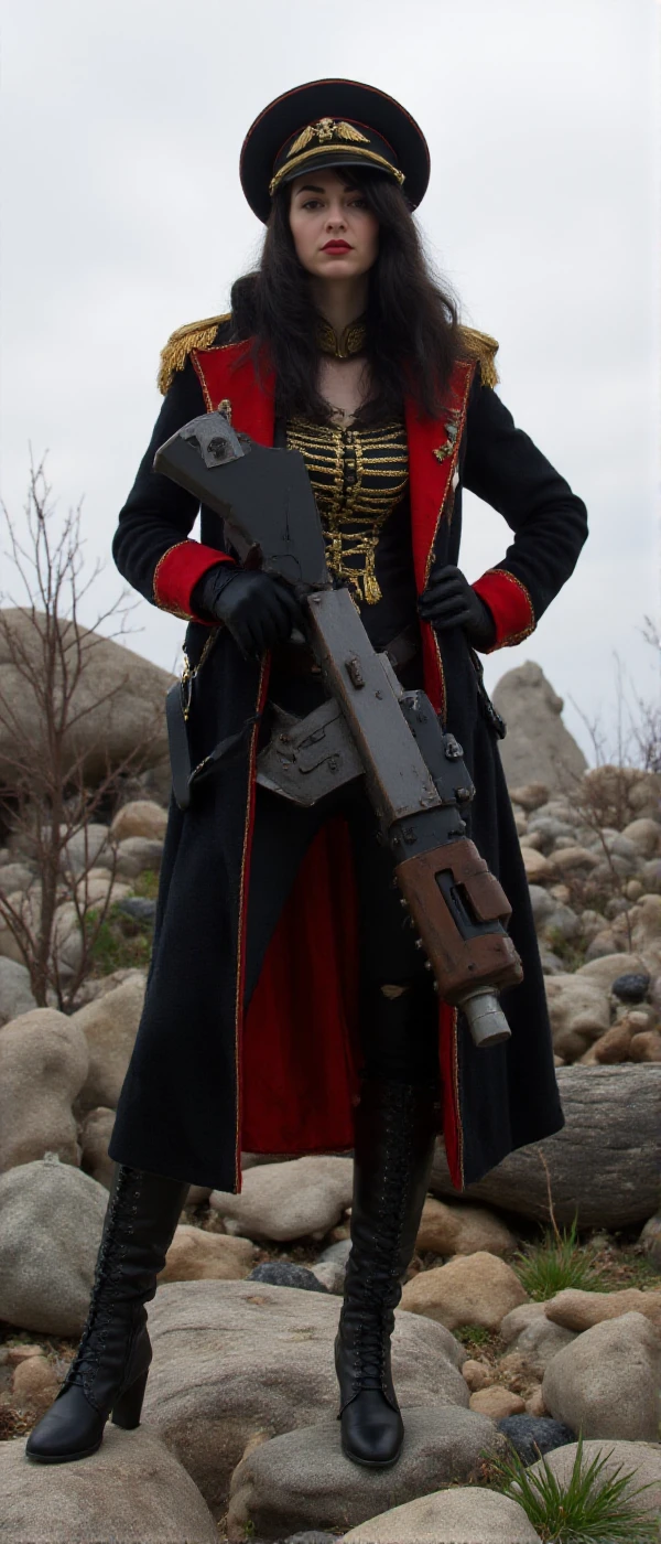 a full body black hair woman wears a military uniform with a hat in a post apocalyptic scenery. She holds a machinegun <lora:Commissar40k:0.9>