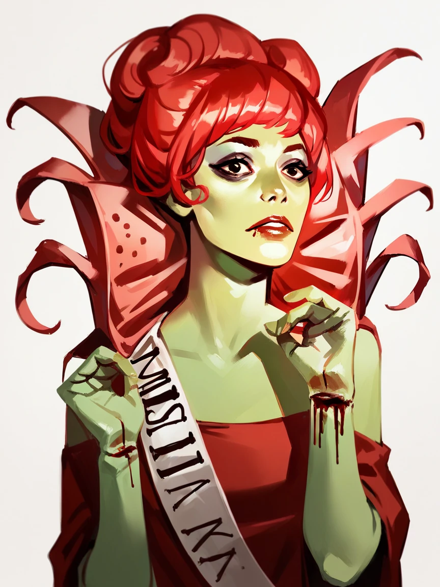 score_9, score_8_up, score_7_up, score_6_up, score_5_up,  <lora:MissArgentinaXLP:1> miss argentina, 1girl, solo, red hair, green skin, makeup, dress, portrait, blood