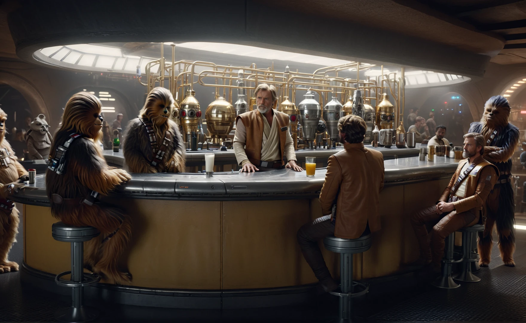 cinematic film still of <lora:Mos-Eisley-Cantina:0.8> MosEisley-Cantina scene with a group of alien creatures standing around a bar, Luke Skywalker Chewie Obi-Wan and C-3PO, insanely detailed, lifelike, centered, portrait, atmospheric, intricate, character photography, 8k, sharp focus, unreal engine 5, volumetric lighting, octane render, vray, character photography, Fujifilm XT3, DSLR, 50mm, ultra-realistic, hyperrealism, authentic Star wars atmosphere, sci-fi vibes masterpiece, trending on artstation, <lora:star wars style:0.2> <lora:detailed:0.4> detailed <lora:perfection style:0.4> perfect <lora:PerfectEyesXL:0.5> <lora:Chiaroscuro Lighting Style:0.3>