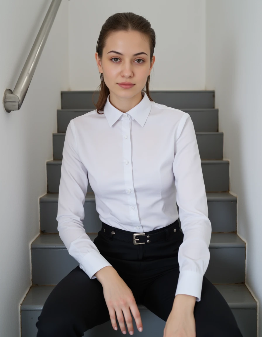 a beautiful woman, wearing a white collared shirt, black pants, belt, sitting on stairs in a block of flats, <lora:ButtonedUp:1>