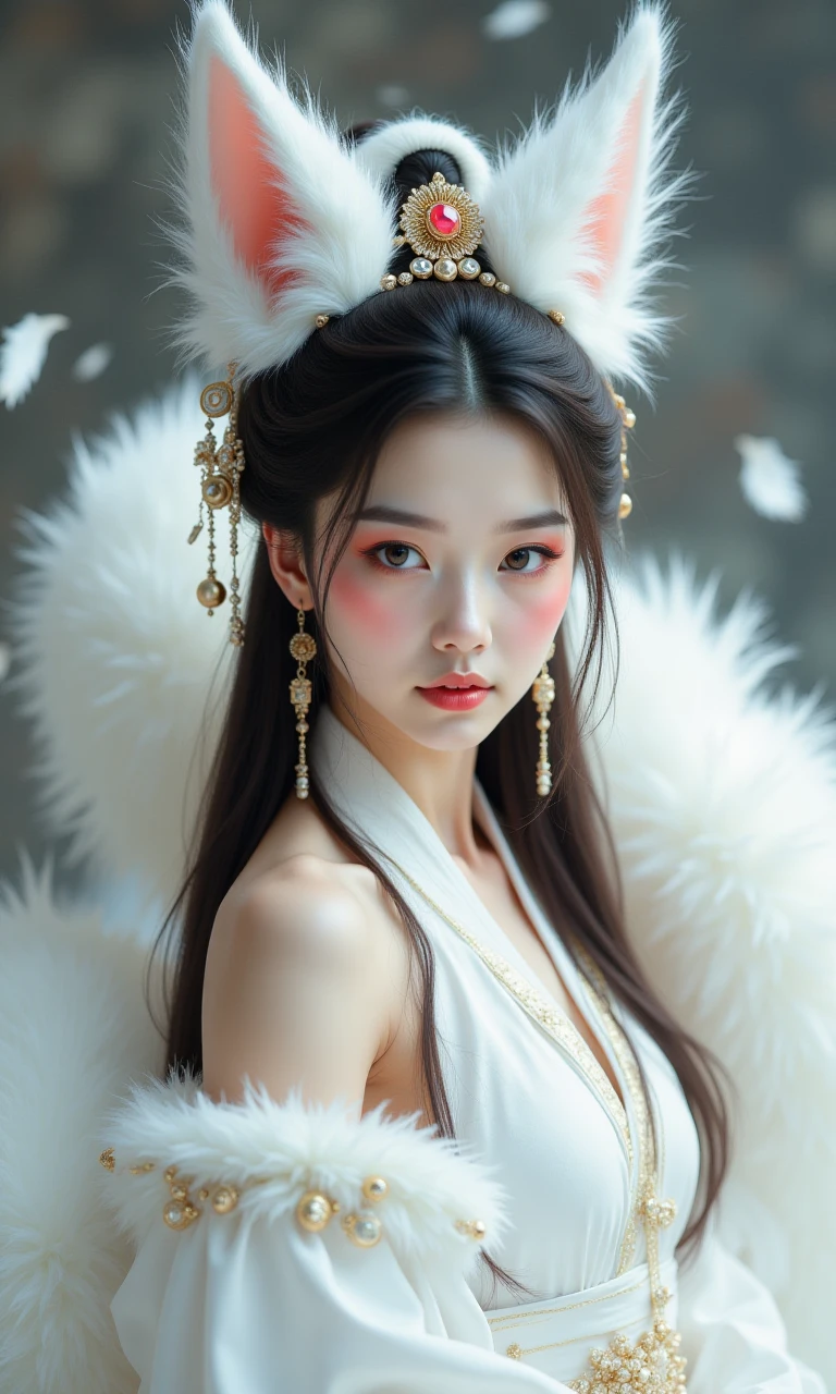 the nine tailed fox, with nine oversized fluffy tails and white fox ears, stands out with makeup, chinese clothing, hair accessories, jewelry, earrings, wide sleeves, and bare shoulders. it is sexy, seductive, and semi transparent on the snowy mountains. filled with incredibly rich details, creating realistic visual effects. realistic photography, the image is a portrait of a young woman with long dark hair styled in a traditional chinese hairstyle. she is wearing a white dress with a high neckline and long sleeves. her hair is styled in two large white cat ears with gold accents on top. the ears are attached to a gold headpiece with a red gemstone in the center. the woman is also wearing a pair of gold earrings and a gold necklace. she has a serious expression on her face and is looking directly at the camera. the background is blurred, but it appears to be an indoor setting with white feathers scattered around her. the overall mood of the image is elegant and regal., nine tailed fox, Ultimate quality, extremely detailed, ultra-fine face, ultra-high definition 8K, 8K resolution,