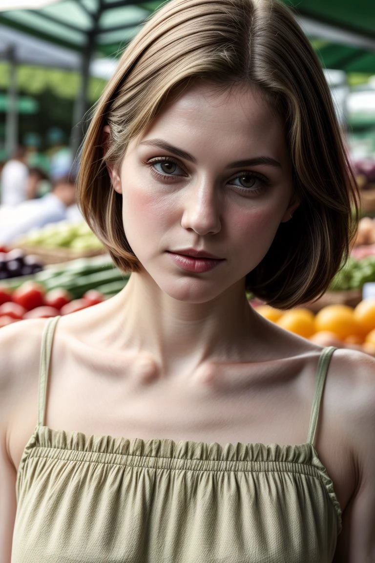 European woman, closeup, (shirt), pants, (farmer's market), (), (), ZM_desiree, wide shoulders, perfect face, (contact iris: 1.1), pale skin, skin pores , depth of field