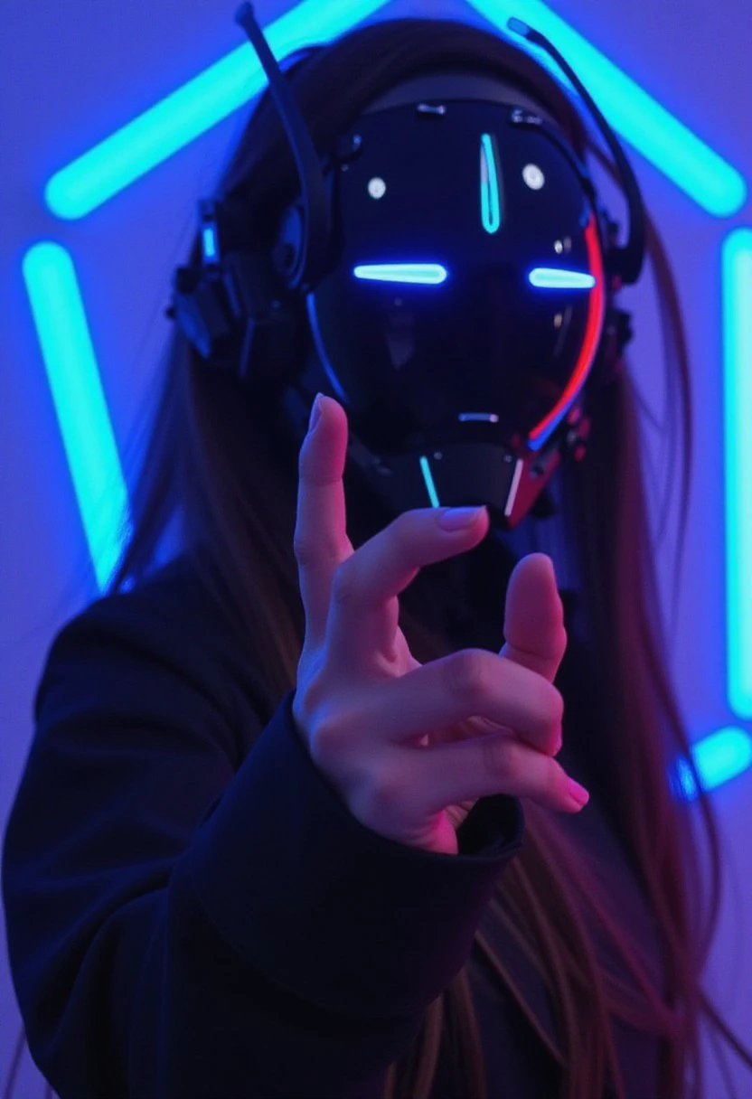 s00m06n hold cyberpunk helmet techwear on hand,glowing background, full body,long hair,mouth mask