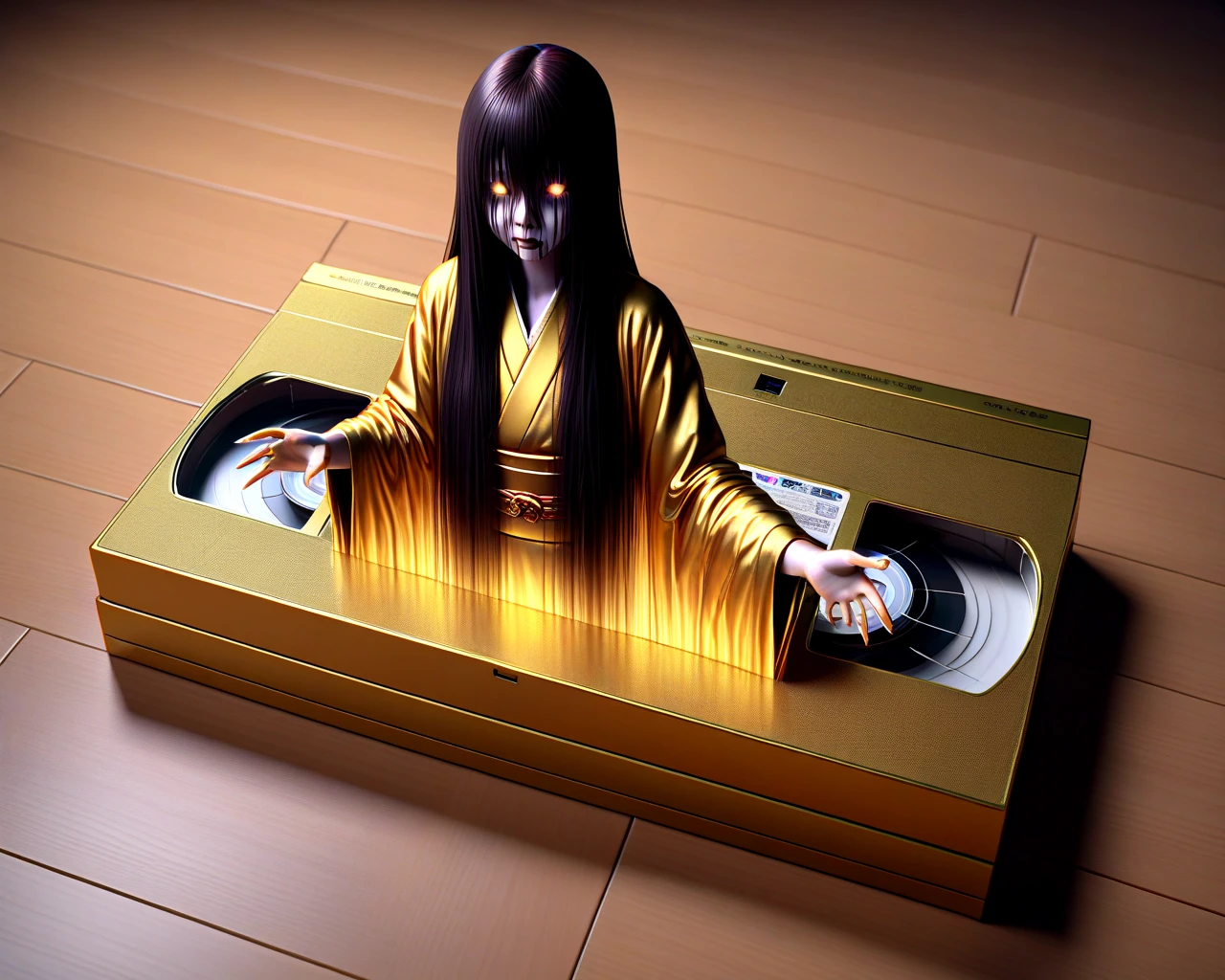 <lora:VHS_SDXL:0.6>,gold VHS, very long hair, hair over eyes, a woman with long hair and a ghost face is in a box with a record player in it on a wooden floor, kimono, solo, wide_sleeves, obi, monster girl, pale skin, chromatic aberration, grey skin, horror (theme), glowing