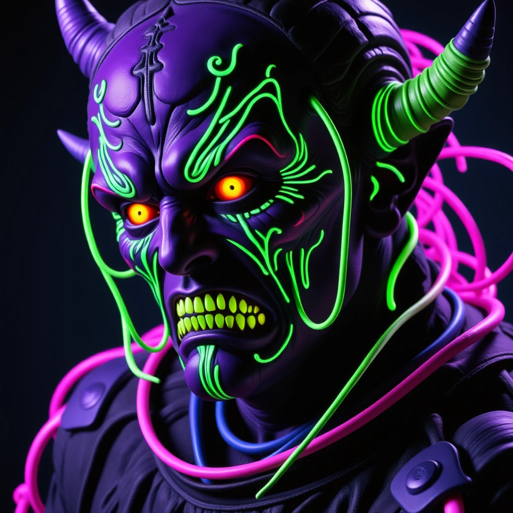 fluorescent demon, closeup of a cybernetic demon, green and purple, lots of wires