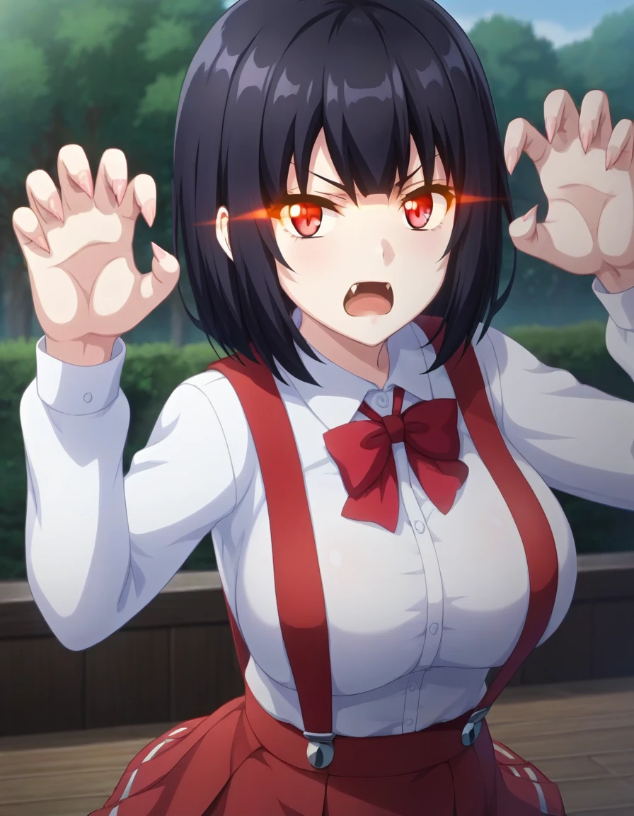 score_9,score_8_up,score_7_up,score_6_up BREAK official art,solo,outdoors,upper body,(portrait:1.5),looking at viewer,facing viewer,angry,frown,pale skin,Hiraki Hanako,short hair,black hair,bangs,glowing eyes,red eyes,open mouth,fangs,school uniform,collared shirt,white shirt,long sleeves,claw pose,large breasts,high-waist skirt,suspenders,red skirt,thick thighs,white socks,loafers,<lora:Hiraki Hanako(th vs se)-Pony:1.3>,<lora:Smooth Anime Style LoRA XL:0.8>,