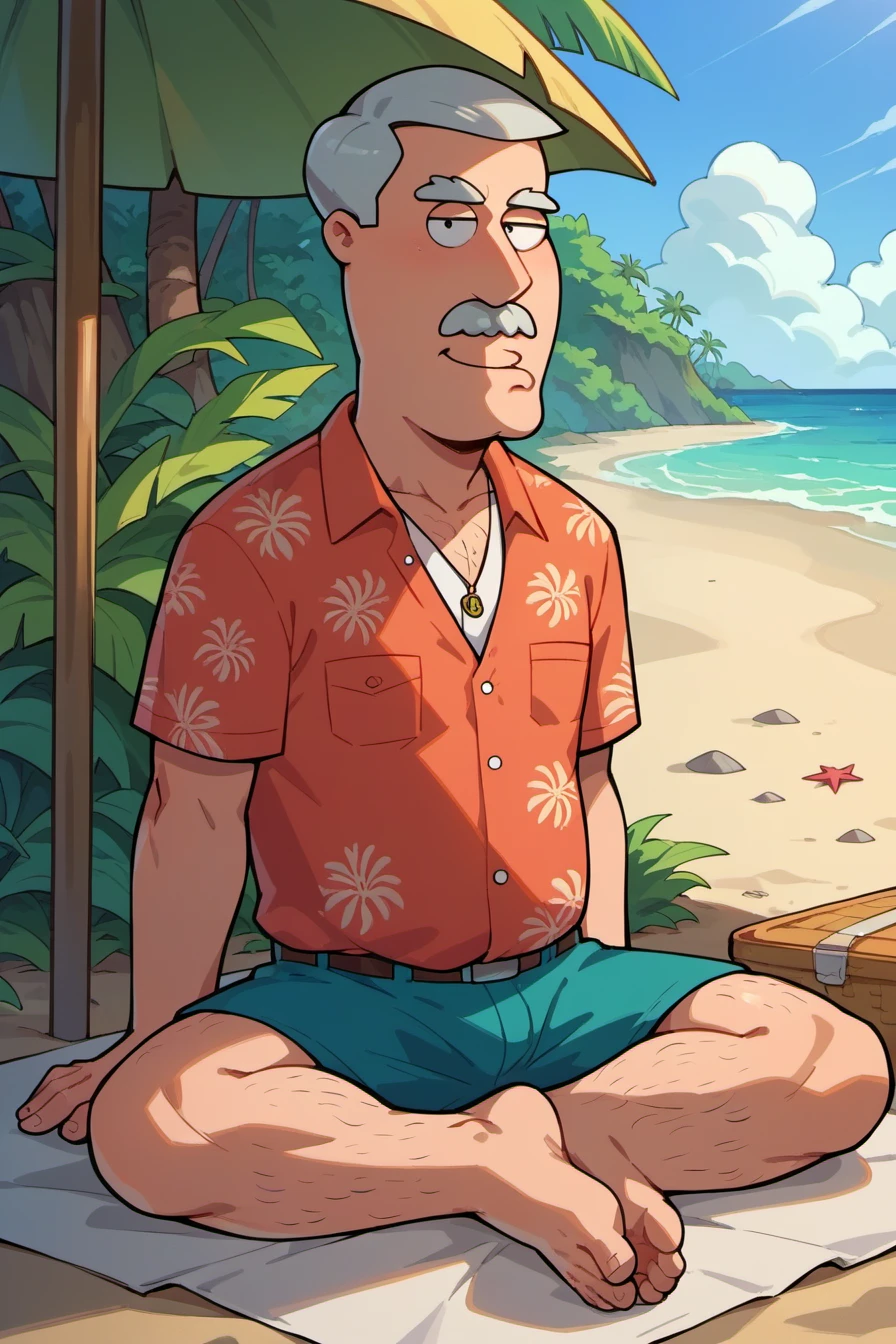 score_9, score_8_up, score_7_up, socre_cartoon,1boy,solo old, old man,carter,aloha shirt,moustache,sitting on beach,outdoor