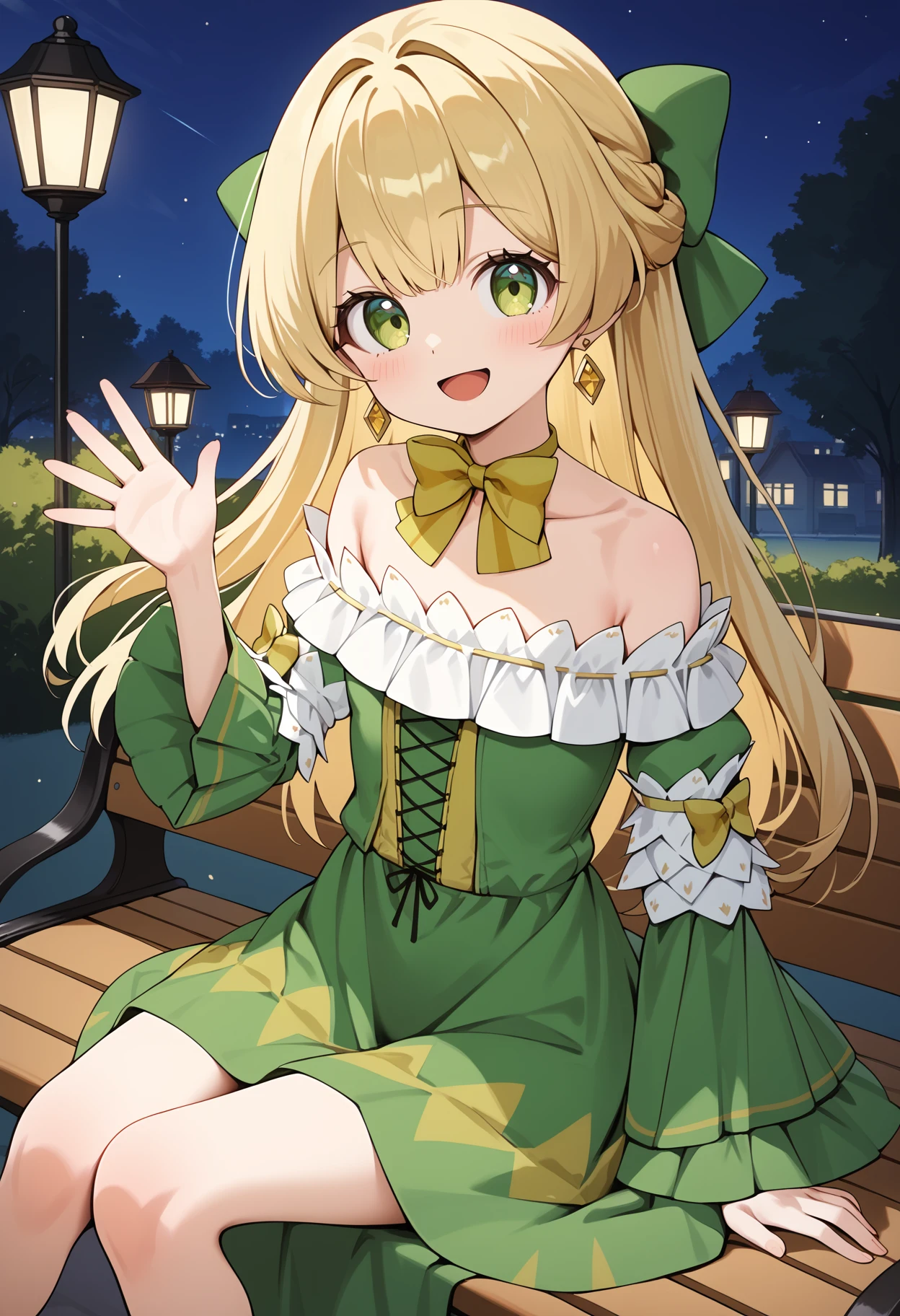 score_9, score_8_up, score_7_up, score_6_up, score_5_up, score_4_up, source_anime, aatelestia, long hair, blonde hair, hair bow, earrings, green eyes, small breasts, collarbone, bare shoulders, yellow bowtie, strapless, green dress, long sleeves, green sleeves, <lora:telestia_terra_esfort_ponyxl_v1:0.9>, bench, park, night, sitting, waving, smile,