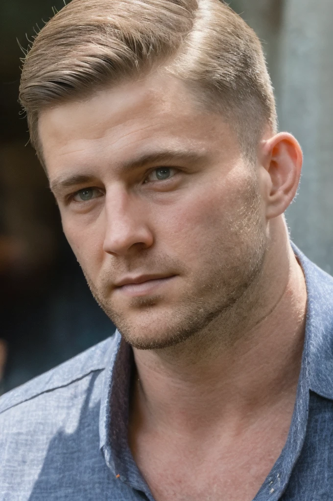 solo, highest resolution highly detailed photograph. half body shot, portrait, looking at viewer, JJ, stubble, wearing blue dress shirt