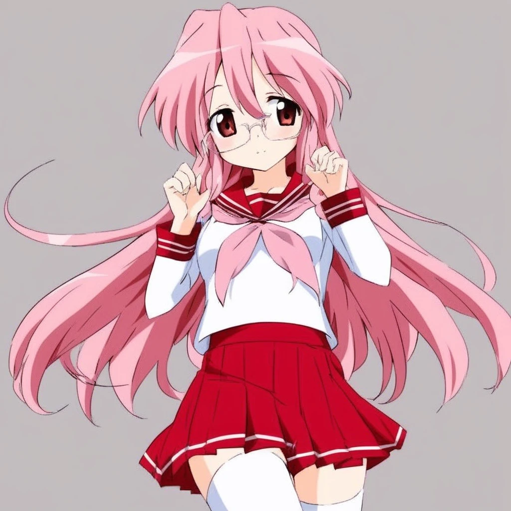 M1yuk1_T4kara, glasses, long pink hair, uniform, sailor collar, red skirt, pink neckerchief, white thighhighs