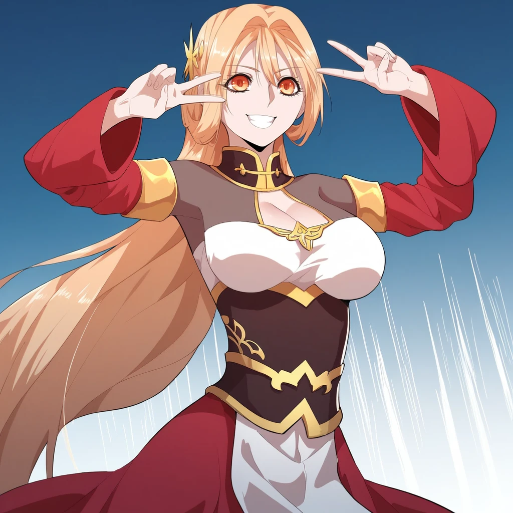 score_9_up, score_8_up, BREAK, Luoyun-chang, 1girl, solo, blonde hair, long hair, orange eyes, large breasts,  dress, cleavage cutout, smile, cowboy shot,  <lora:LuoYun-Chang_MagicEmperor_PXL_Leaf2:0.8>, speed lines, double v,