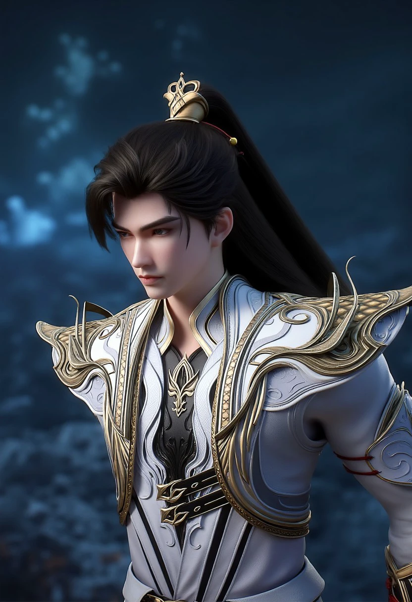 This is a highly detailed CGI rendering of a young Asian man in a dynamic pose, full-action. He is dressed in elaborate, ornate armor that exudes a medieval fantasy style. The armor is predominantly white with gold accents, featuring intricate designs and patterns, including a prominent, ornate shoulder guard on the right side. The man's facial expression is intense and focused, with sharp, angular features, and he has a determined, almost warrior-like look. His long, black hair is tied back in a high ponytail. The background is dimly lit, with a cold, blue glow suggesting a blue fire nearby. The ground is blurred, suggesting a focus on the man in the foreground. The texture of the armor appears smooth and metallic, contrasting with the rough, rugged background. The overall style of the image is realistic 3D anime with a slight emphasis on fantasy elements, capturing the essence of a highly skilled warrior. The lighting enhances the dramatic effect, casting shadows and highlights that add depth and realism to the scene.
 This painting combines elements of fantasy and realism in a highly polished, high-resolution digital full shot format.