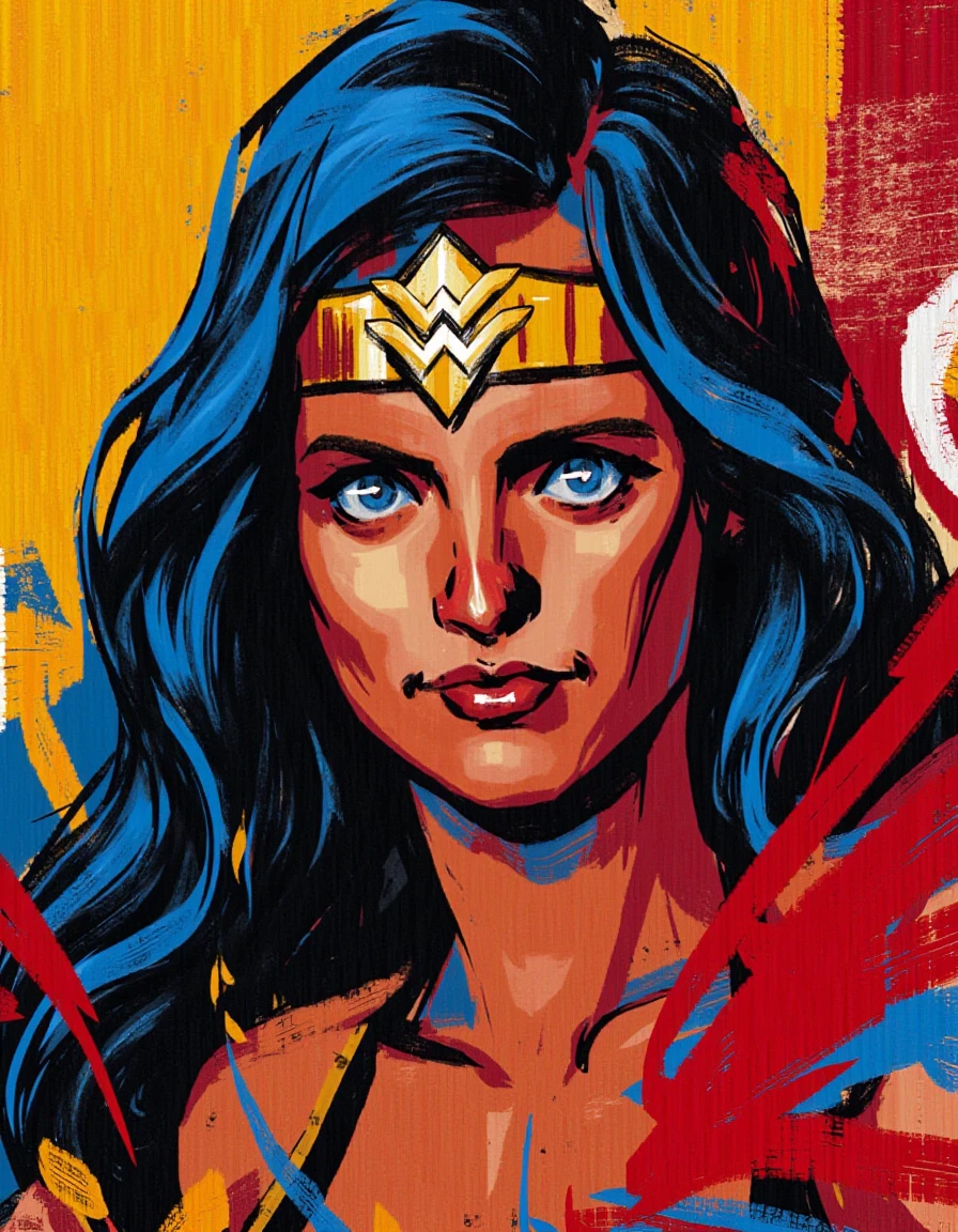 In a striking abstract expressionist portrayal, a dynamic headshot of Wonder Woman emerges with fierce intensity, her features skillfully rendered through bold, harsh brushstrokes that convey her unwavering strength and determination. Her penetrating gaze, a vivid cobalt blue, draws the viewer in, while her flowing dark hair, painted in chaotic swirls of deep crimson and jet black, frames her beautiful face, capturing the essence of a warrior. 

The background pulsates with a riot of colors—fiery reds and golden yellows bleed into one another, symbolizing her passion for justice and the warmth of hope she brings to those in need. Jagged, erratic shapes clash around her, hinting at the battles she faces, yet interspersed with smooth, calming blues that reflect her compassion and resilience. 

The canvas is alive with energy, as splatters and strokes suggest movement, as if Wonder Woman might leap forth at any moment. This vibrant composition not only highlights her iconic beauty but also encapsulates the palpable strength and fierce spirit that defines her character, creating an emotional atmosphere that resonates with both power and grace.