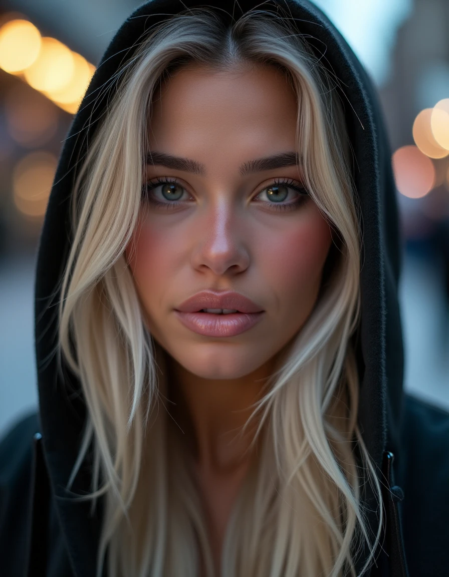 Al3x, wearing hoodie, parted lips, eyeliner, makeup, eyelashes, long hair, blonde hair, upper body, outdoors, bokeh lights, 8k, extremely detailed face <lora:Al3x-000001:1>