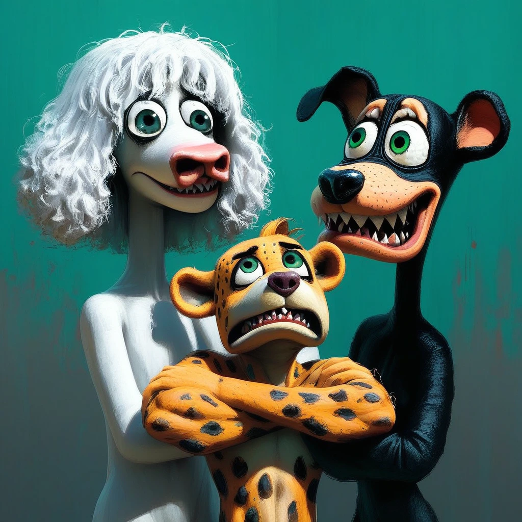 crossed arms, cow boy, sharp teeth, white hair, uvula, horror (theme), green eyes, upper body, goofy dog, embarrassed, Happy cheetah, rabbit ears, looking up