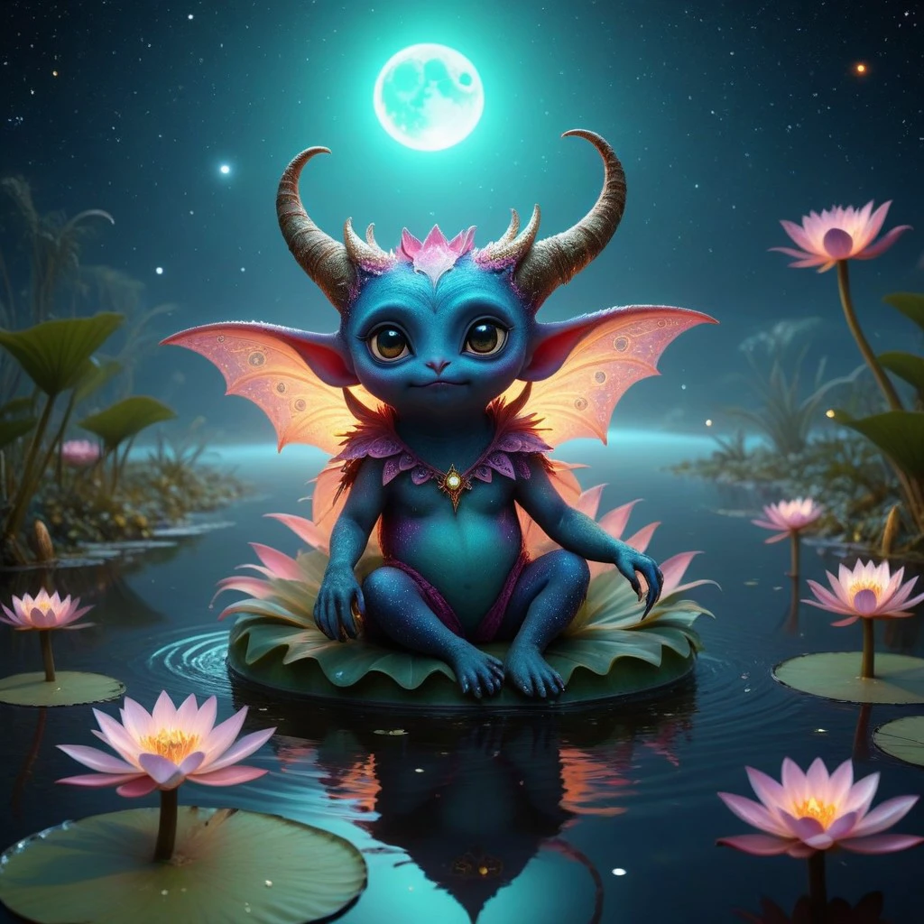 little cute alien, big eyes, made of multicolored lace, horns, demon wings, sitting on a water lily in a pond, intricate details, 8k, ultra sharp, light particles, fantasy concept art magical but eerie wonderland, cinematic, film still, celestial astro, astrological calendar, galaxy, stars, crescent moon