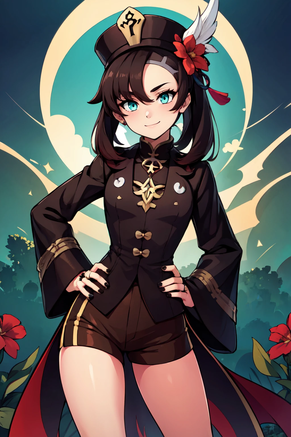 ((masterpiece,best quality)), absurdres,  BREAK, , <lora:MarnieHutao:0.8>,  zzMarnie, aqua eyes, red ribbon,  genshin impact, long sleeves, hat, jewelry, flower, shorts, wide sleeves, brown coat, brown chinese clothes, brown shorts, ring, black nails,, BREAK, hip to the side, hand on hip, contrapposto,, BREAK, solo, smile, looking at viewer, cowboy shot,