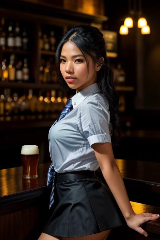 DEN_bambi_badbambii,
(working in a dark atmospheric bar, working behind the bar, pulling pints, bar, dark wood bar, atmospheric, wearing a shirt and tie and skirt:1.2),
bokeh, f1.4, 40mm, photorealistic, raw, 8k, textured skin, skin pores, intricate details  <lora:epi_noiseoffset2:1>, epiCRealism