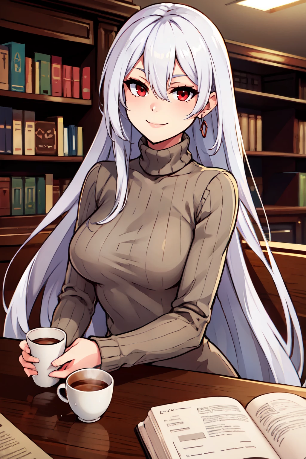 ((masterpiece,best quality)), absurdres,  BREAK, , <lora:Rossiya_Azurlane:0.8>, zzRossiya, long hair, red eyes, hair between eyes, white hair, very long hair, bangs, grey hair, , BREAK, turtleneck sweater, earrings, library, cup of coffee, sitting at table, BREAK, solo, smile, looking at viewer, cowboy shot,