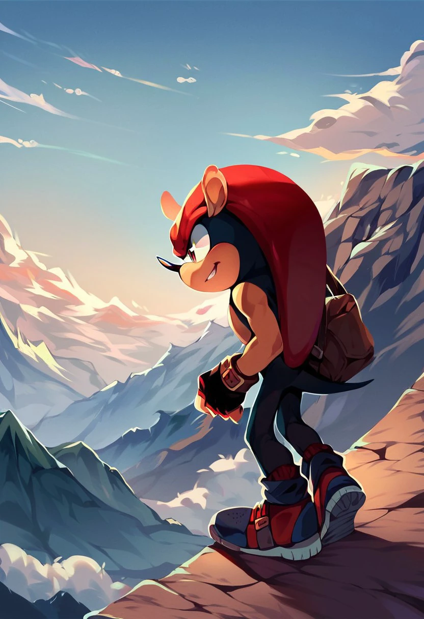 score_9, score_8_up, score_7_up, score_6_up, Mighty the Armadillo, male, solo, fingerless gloves, shoes, mountains, bag, clouds, trail