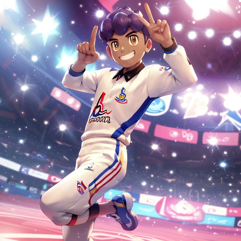 (masterpiece), score_9, score_8_up, score_7_up, score_6_up, score_5_up, score_4_up, 1boy, solo, Hop, dark purple hair, light brown eyes, dark skin, stadium suit, white shirt, white shorts, smile, V, stadium background