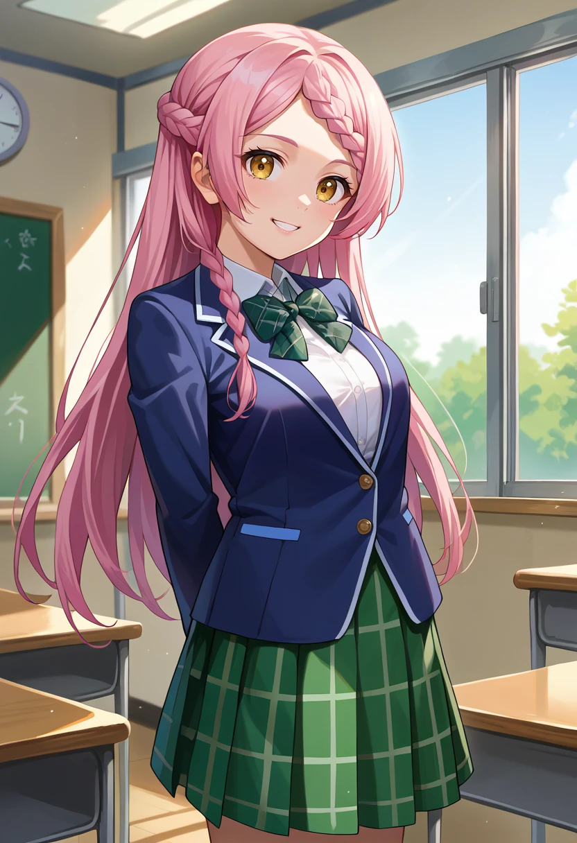 score_9, score_8_up, source_anime, 1girl, solo, YoshidaDefault, yellow eyes, pink hair, long hair, braid, blue blazer, white dress shirt, green bowtie, green skirt, plaid skirt, indoors, classroom, window, arms behind back, smile, <lora:ChamKochouYoshidaPonyXL:1>