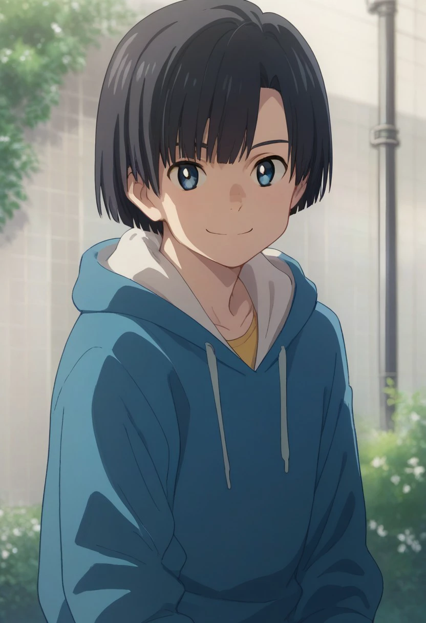 score_9, score_8_up, score_7_up, source_anime, highly detailed, 
nagiamano, solo, black hair, smile, hood, short hair, bangs, looking at viewer, hoodie, 1boy, male focus, upper body blue eyes,
outdoor,