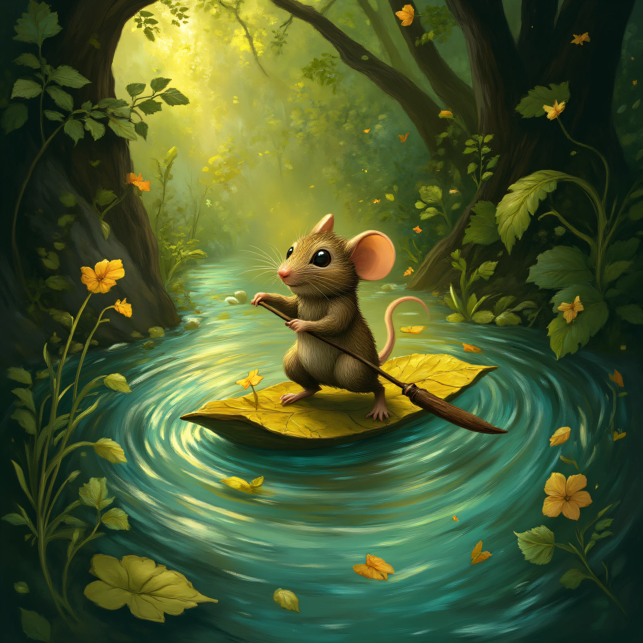 MazesAndMice,magical fairy tale illustration of a mouse crossing a magical river on a leaf boat, in Mice and Mystics style