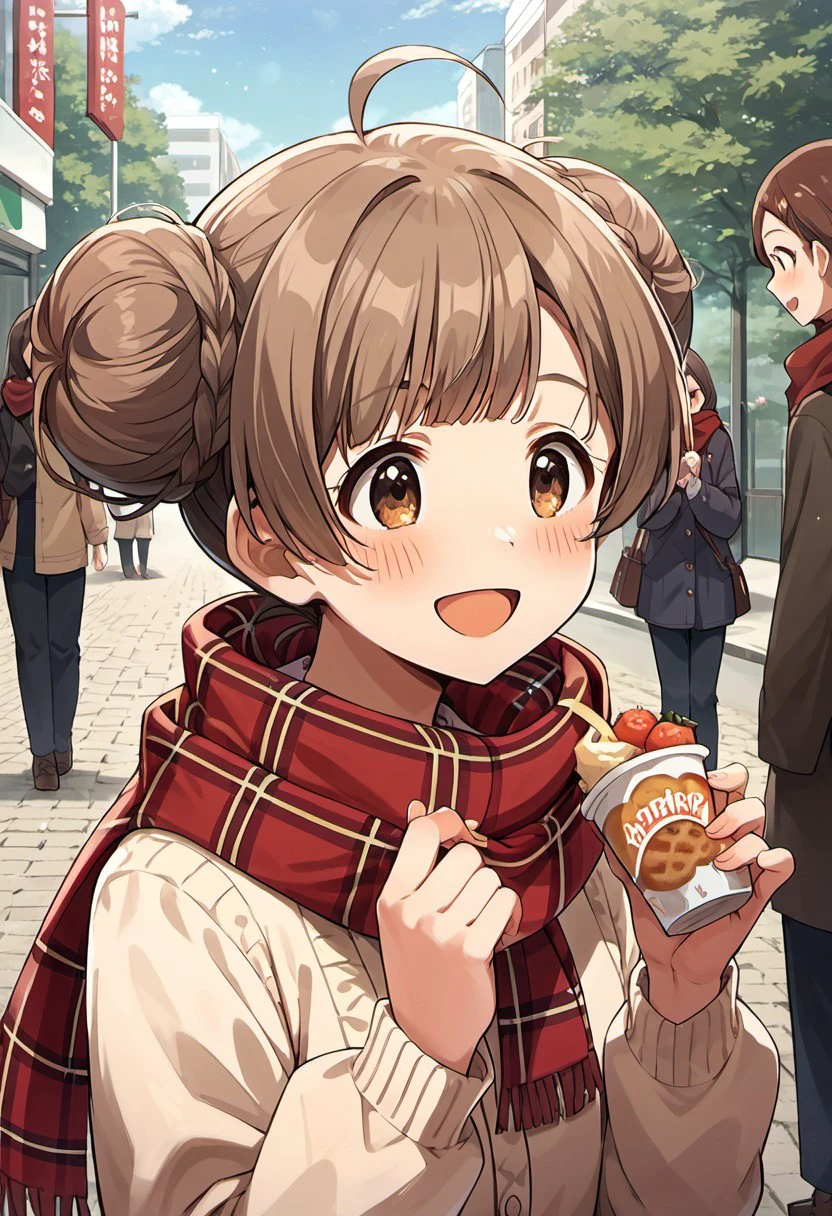 score_9, score_8_up, score_7_up, source_anime, hakozaki serika, brown hair, twintails, brown eyes, long hair, ahoge, scarf, food, hair bun, solo focus, outdoors, double bun, smile, red scarf, open mouth, blush, multiple girls, plaid scarf