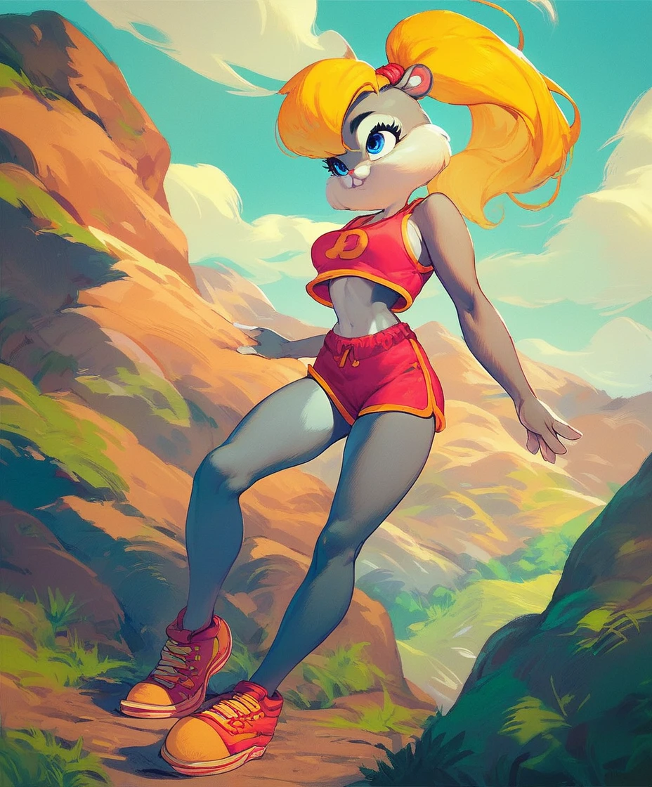 score_9, score_8_up, score_7_up, score_6_up, score_5_up, score_4_up, landscape, solo, berri, female, chipmunk, blonde hair, blue eyes, ponytail, crop top, hotpants, shoes, <lora:BerriXL_043-Pony-lr2-NoReg-e10:1>