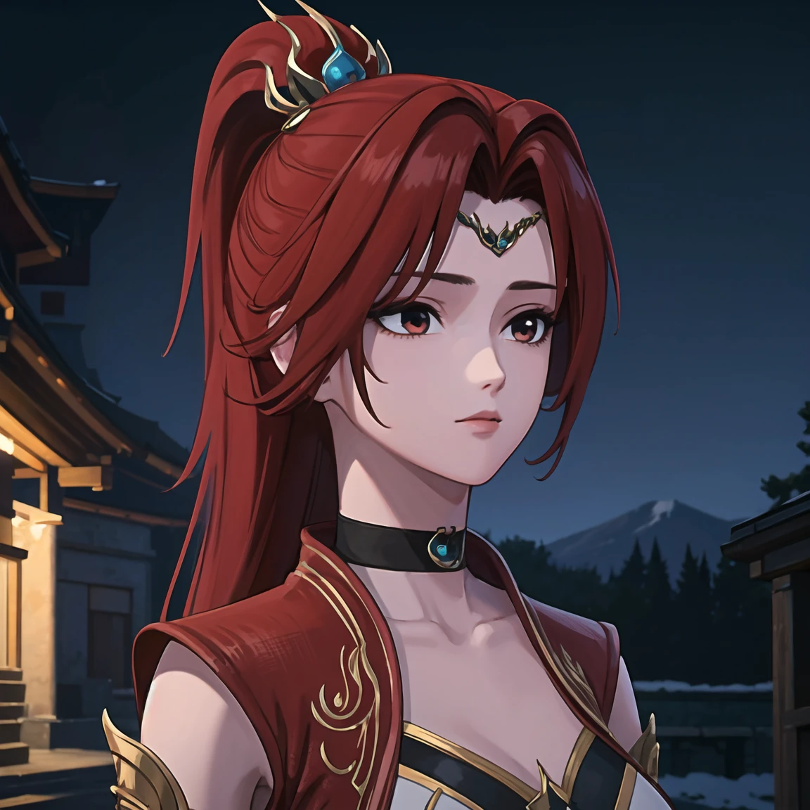 1girl,solo,red hair,long hair,ponytail,dress,hair ornament,frontlet,choker,outdoors,scenery,night,portrait,Highly detailed,(ultra-detailed),(best quality,masterpiece:1.5),<lora:tanghuoer:0.6>,