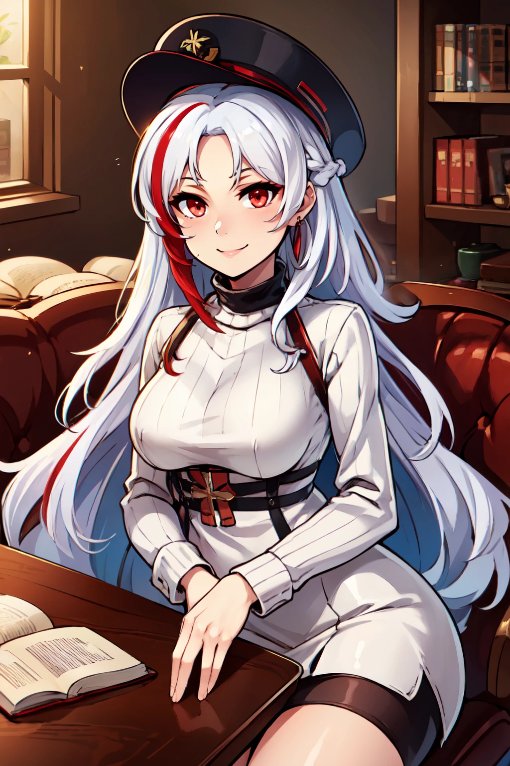 ((masterpiece,best quality)), absurdres,  BREAK, , <lora:Tallinn_Azurlane:0.8>, zzTallinn, long hair, multicolored hair, red hair, streaked hair, red eyes, white hair, two-tone hair, hat, bangs, very long hair,, BREAK, turtleneck sweater, earrings, library, cup of coffee, sitting at table, BREAK, solo, smile, looking at viewer, cowboy shot,