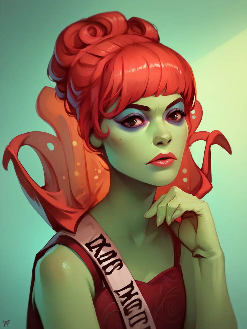 score_9, score_8_up, score_7_up, score_6_up, score_5_up,  <lora:MissArgentinaXLP:1> miss argentina, 1girl, solo, red hair, green skin, makeup, dress, portrait,