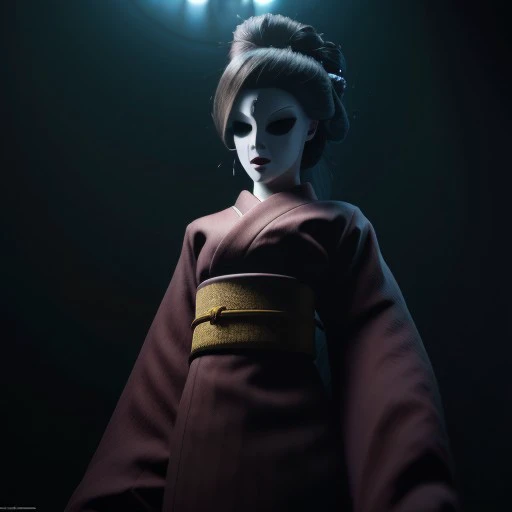 high res, good quality, accurate face, ((high resolution:1.2), (hi-res:1.2), masterpiece, best quality),  easynegative, ng_deepnegative_v1_75t, bad-picture-chill-75v, The Lady, video game character, Little Nightmares, Red kimono , porcelain mask , Taller woman, in a dark room, black Mist, dark aura,