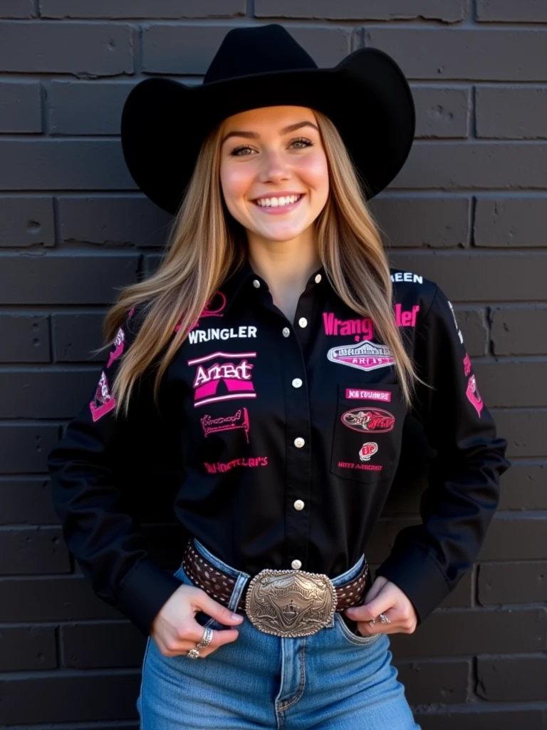 A smiling young woman stands confidently against a dark brick wall, wearing a black button-up shirt with pink accents and sponsor logos, including Wrangler and Ariat. She has long, light brown hair and wears a wide-brimmed felt cowboy hat. Her outfit is completed with high-waisted western jeans and a rodeo buckle. The image conveys a spirited, western-inspired vibe. (western clothing), (rodeo buckle)