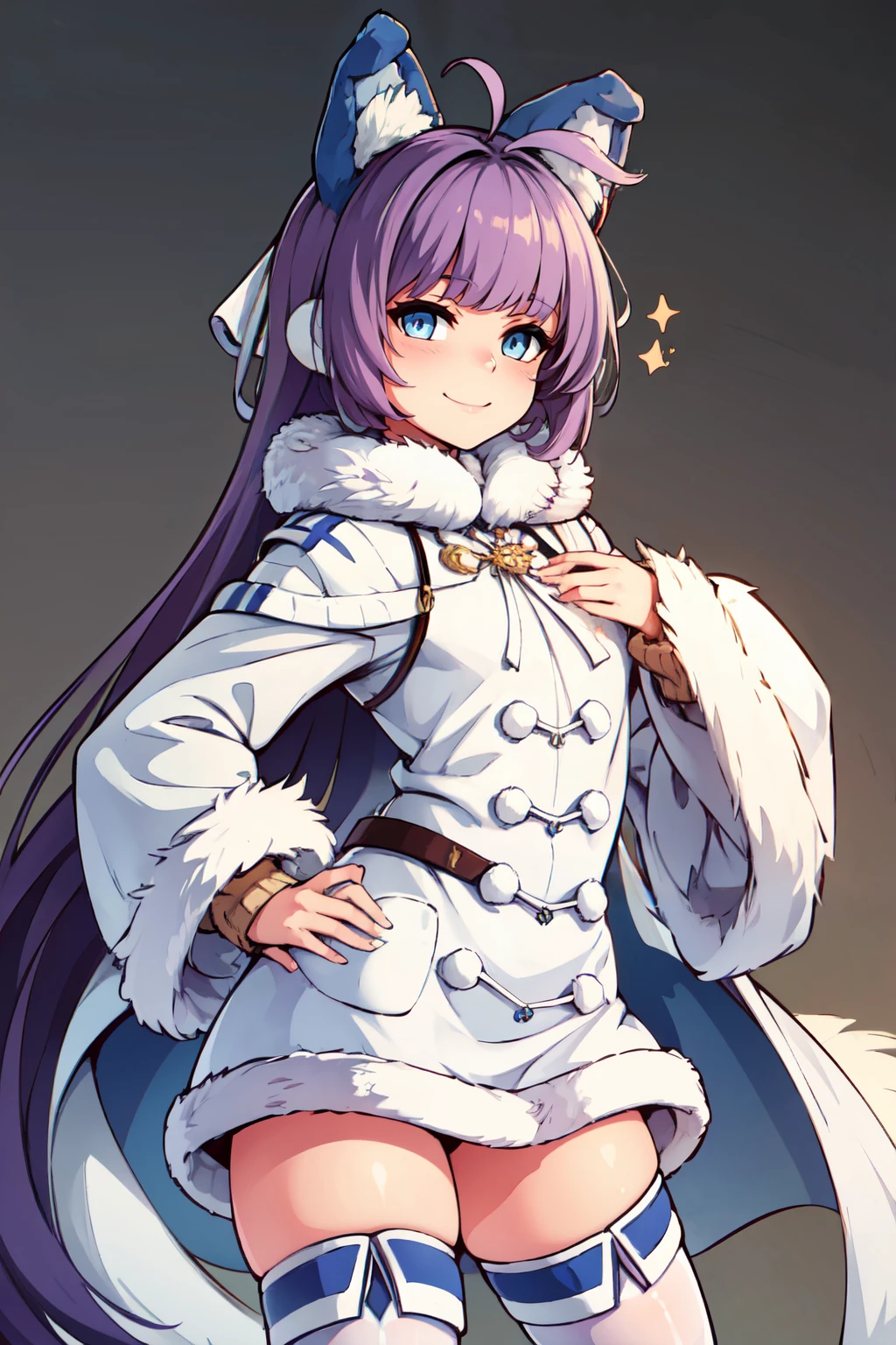 ((masterpiece,best quality)), absurdres,  BREAK, , <lora:Tashkent_Azurlane:0.8>, zzTashkent, long hair, purple hair, blue eyes, very long hair, bangs, animal ears, ribbon, hair ribbon, fake animal ears, hair ornament, dress, long sleeves, white coat, sleeves past fingers, white background, white thighhighs, winter clothes, brown sweater, ahoge, fur-trimmed sleeves,  , BREAK, side view, hip to the side, contrapposto,, BREAK, solo, smile, looking at viewer, cowboy shot,