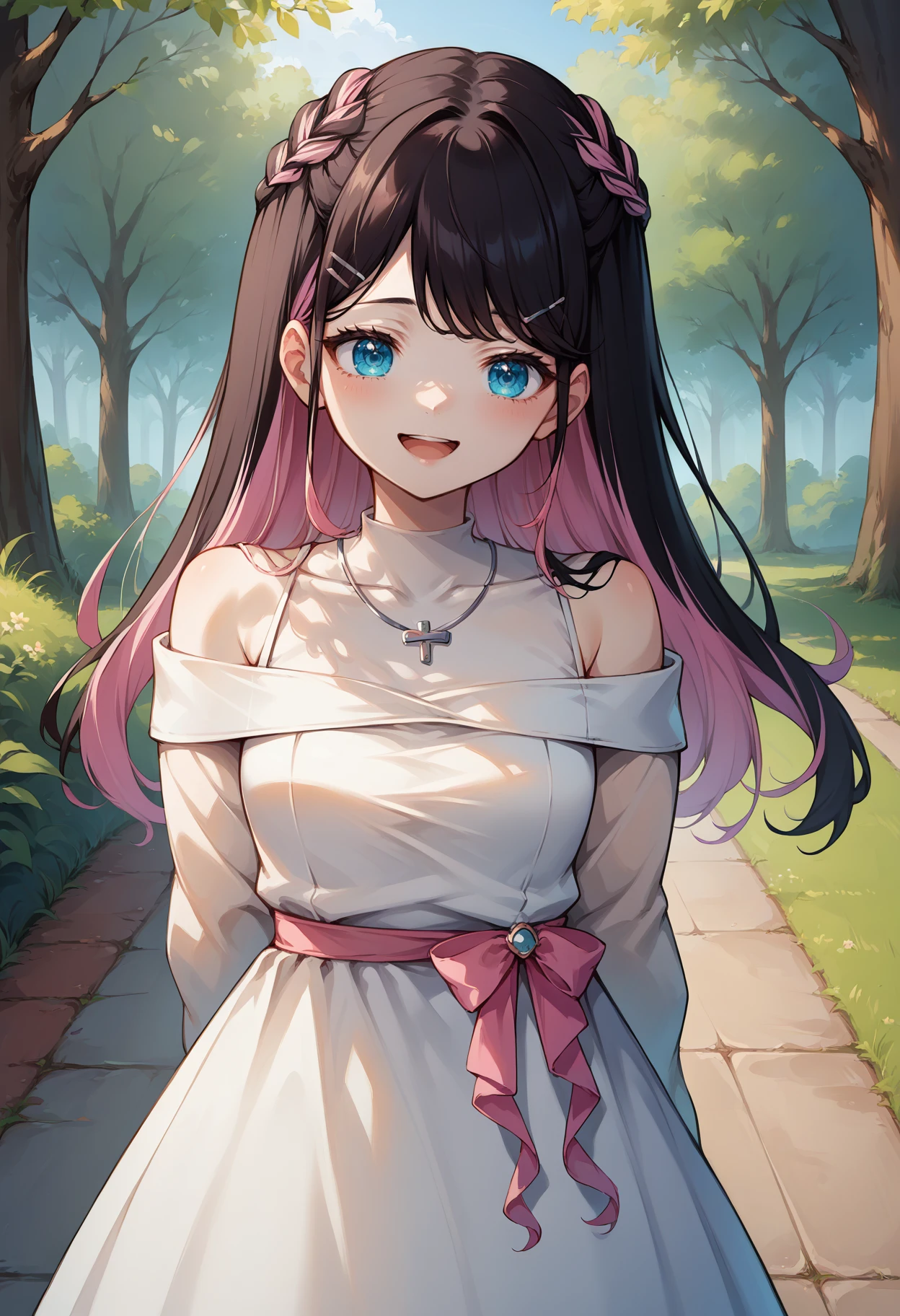 score_9, score_8_up, source_anime, 1girl, solo, NazunaSnd, blue eyes, multicolored hair, black hair, pink hair, long hair, braid, hairclip, necklace, covered collarbone, off-shoulder dress, bare shoulders, white dress, long sleeves, outdoors, park, arms behind back, happy, smile, open mouth, <lora:ChamNazunaKagaPonyXL:1>