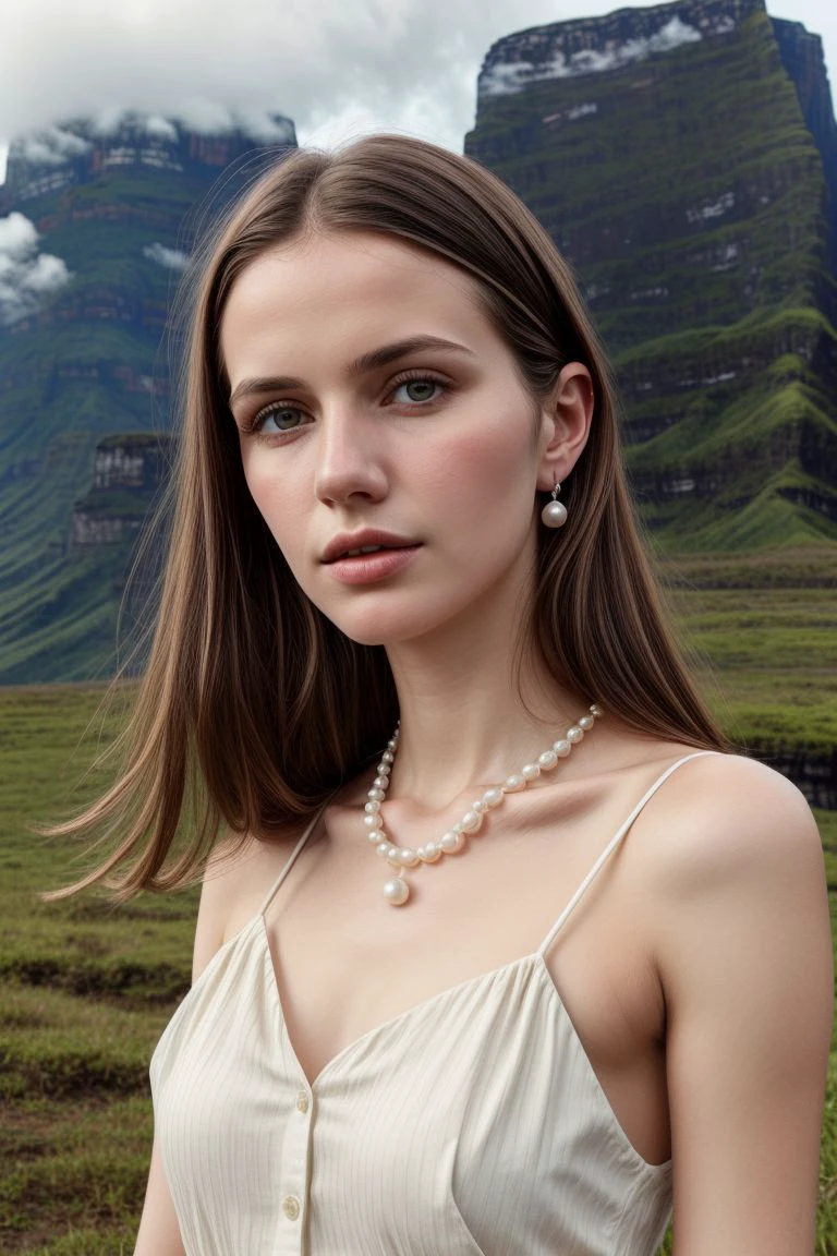 European woman, closeup, (shirt), pants, (Mount Roraima), pearl necklace , (), ZM_desiree, wide shoulders, perfect face, (contact iris: 1.1), pale skin, skin pores , depth of field