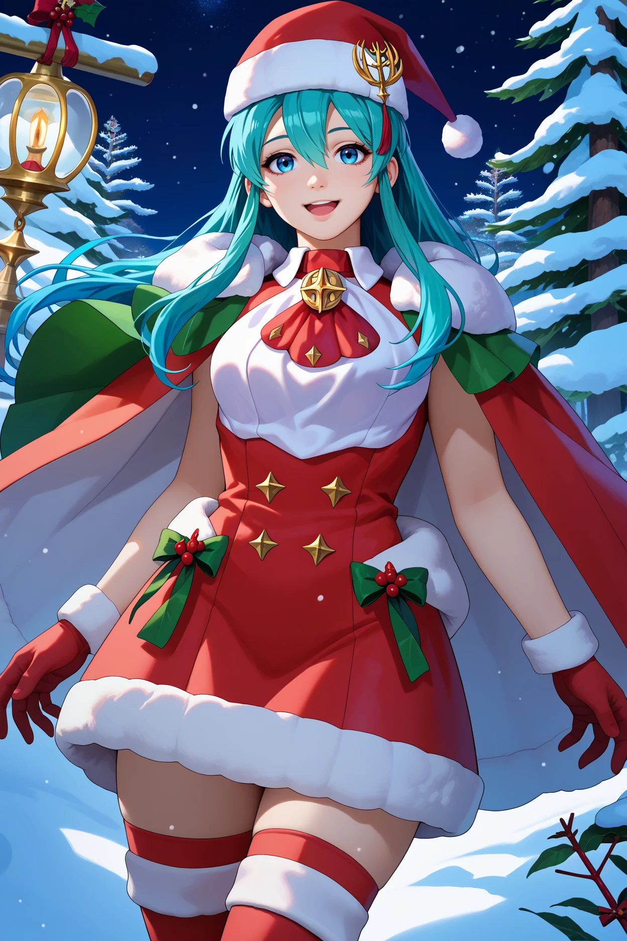 score_9, score_8_up, score_7_up, score_6_up, source_anime, 1girl, solo  <lora:wintereirika-pdxl-nvwls-v1-000005:1> wntEir, cyan hair, long hair, hair between eyes, santa hat, santa costume, santa dress, red ascot, fur trim, red gloves, red cape, sleeveless, white thighhighs, snow, night sky, alpine forest, looking at you, smile, happy, open mouth, waving