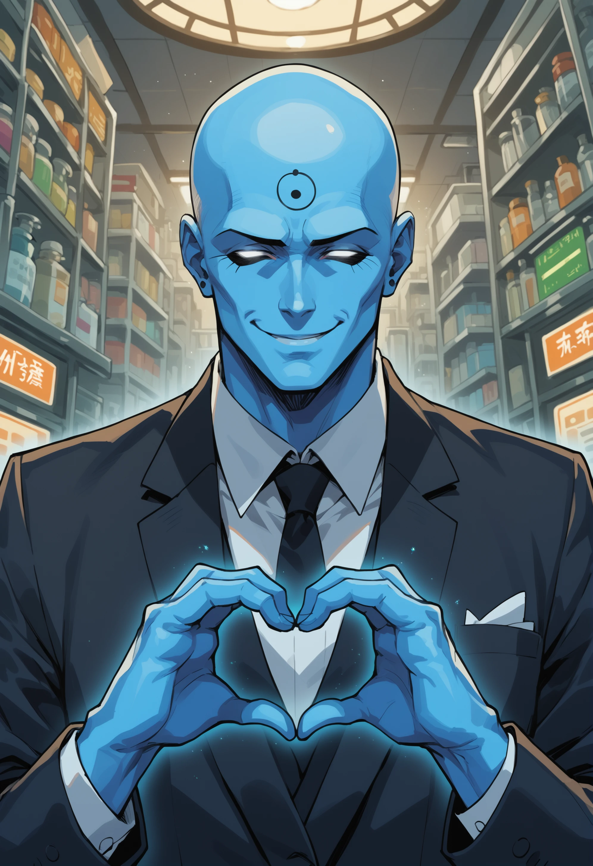 score_9, score_8_up, score_7_up, score_6_up, source_anime, 1boy  wearing black suit, in a lab <lora:Doctor_Manhattan:0.9> drmanhattan, bald,blue skin, glowing eyes, no pupils, (heart hands, smile BREAK  anime style, key visual, vibrant, studio anime, highly detailed