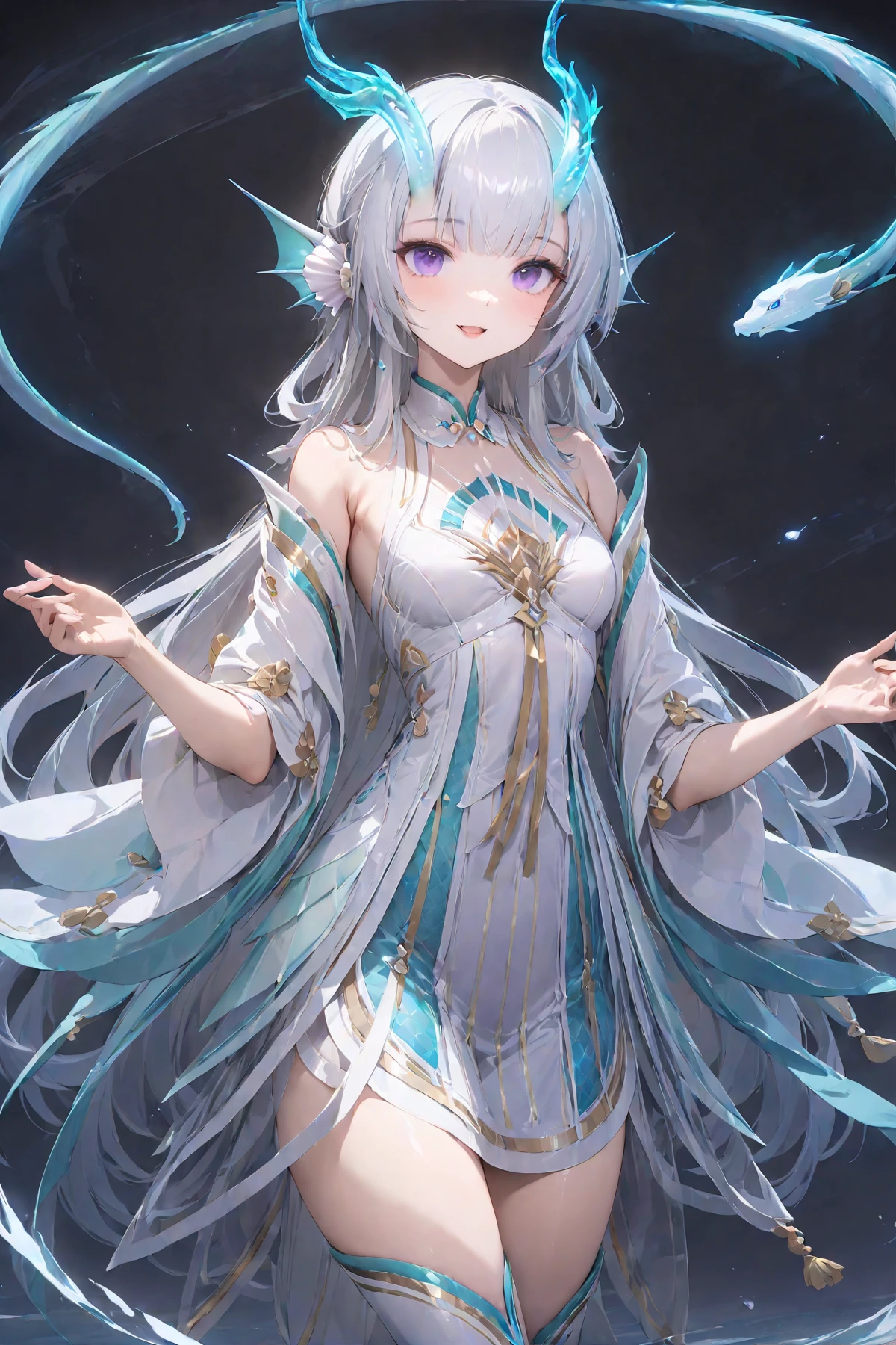 masterpiece, best quality, perfect features, 1girl, solo, light smile,  looking at viewer, smile, open mouth, simple background, 
white hair, purple eyes, dragon horns, fins, head fins, dress, bare shoulders,white boots, <lora:Xishi_YLQY_xl:0.7>, masterpiece, best quality,