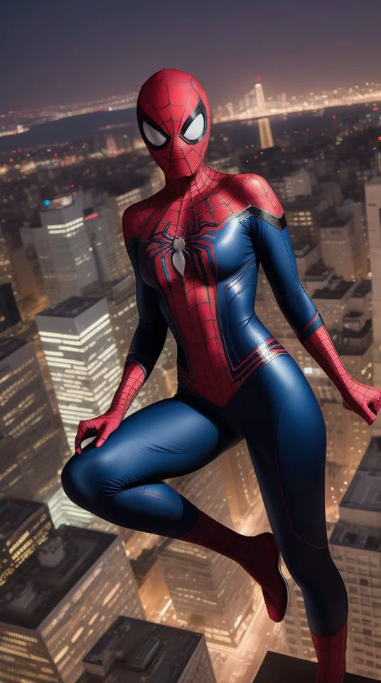 A female Spider-Man, wearing a sleek and stylish spider suit with vibrant colors and intricate web patterns. She is perched on the edge of a skyscraper, overlooking a bustling cityscape at night. The scene is dynamic and action-packed, with the city lights glowing in the background, highlighting her poised and ready-for-action stance.
<lora:topmodel_v2_epoch_1:1>