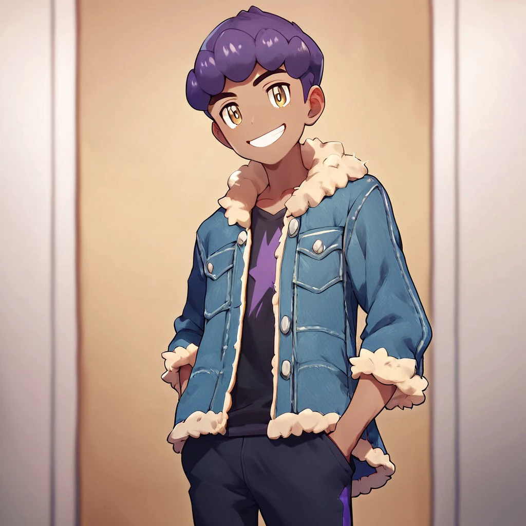 (masterpiece), score_9, score_8_up, score_7_up, score_6_up, score_5_up, score_4_up, 1boy, solo, Hop, dark purple hair, light brown eyes, dark skin, fur-trimmed jacket, shirt, pants, smile, hands in pockets, looking at viewer