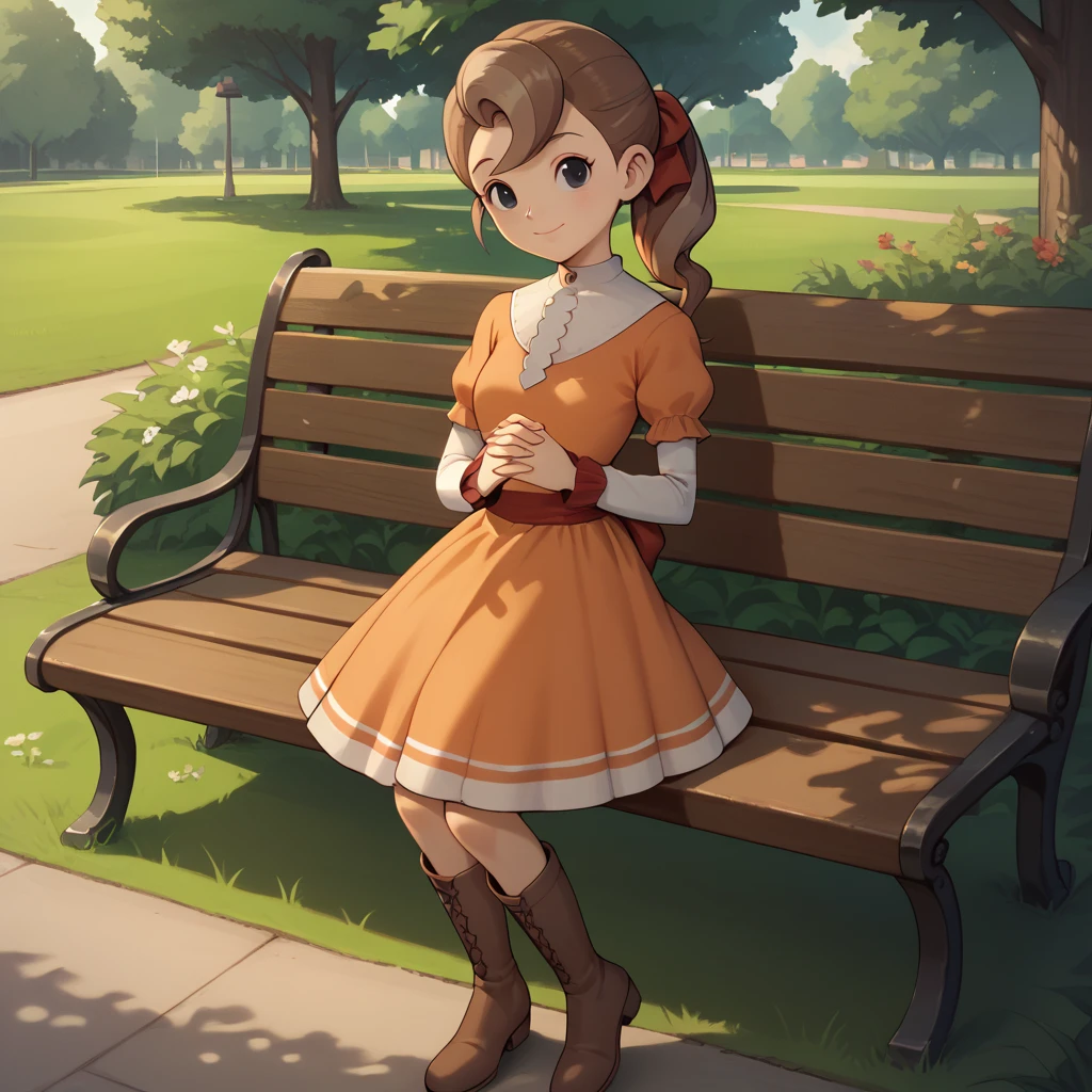 score_9, score_8_up, score_7_up, 1girl, solo, uncensored, florareinhold, smile, closed mouth, own hands together, looking at viewer, brown hair, black eyes, orange dress, black knee boots, outdoors, park, grass, bench <lora:FloraReinholdXL_v1.0-000095:1>