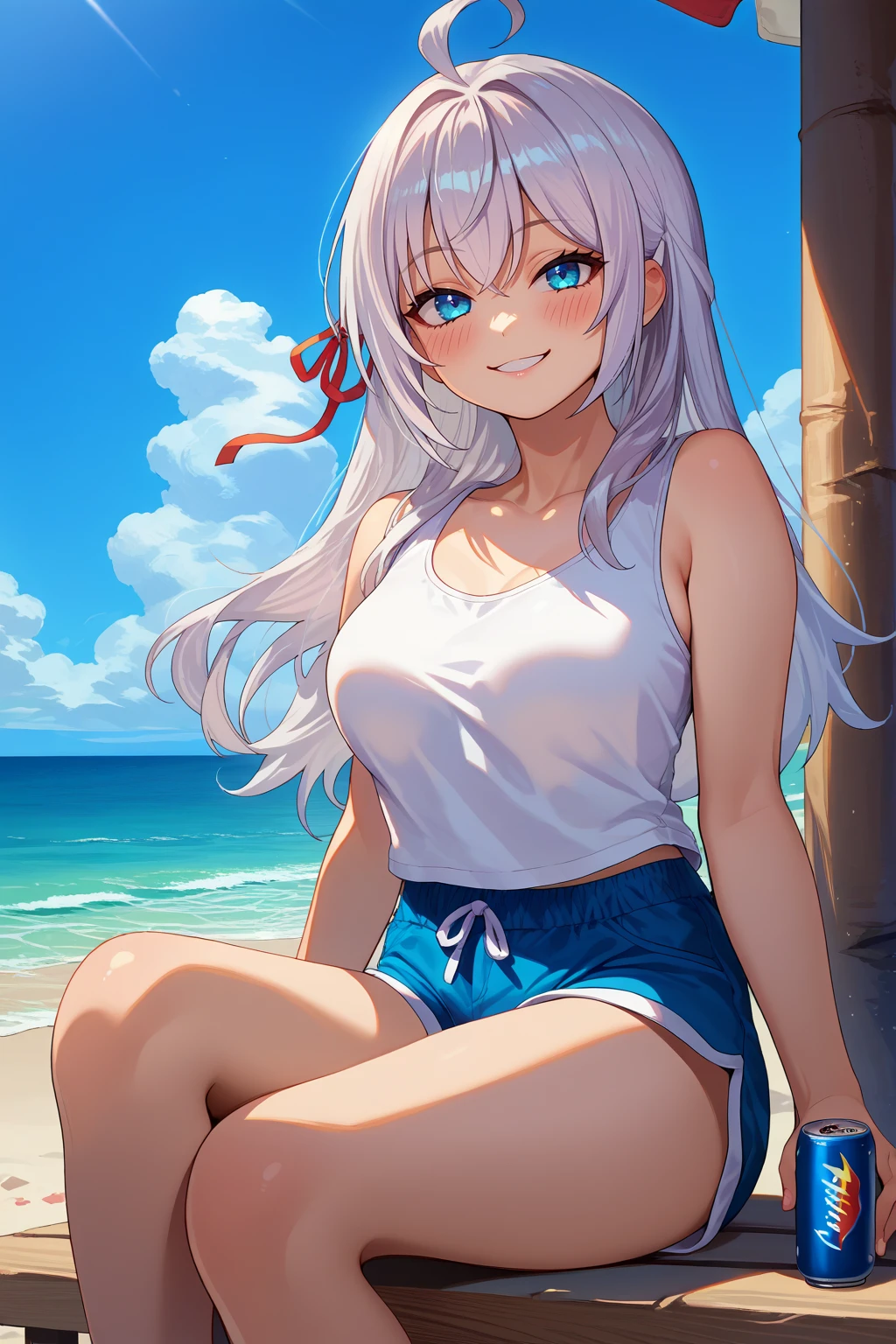 score_9, score_7_up, source_anime, looking at viewer, smile, blush, amkkj, large breasts, long hair, silver hair, crossed bangs, blue eyes, ahoge, hair ribbon, tank top, shorts, sitting, outdoors, beach, ocean, soda can, blue sky, <lora:Hoseki_Roshidere_Alisa_Mikhailovna_Kujou_PDXL_v1:1> 