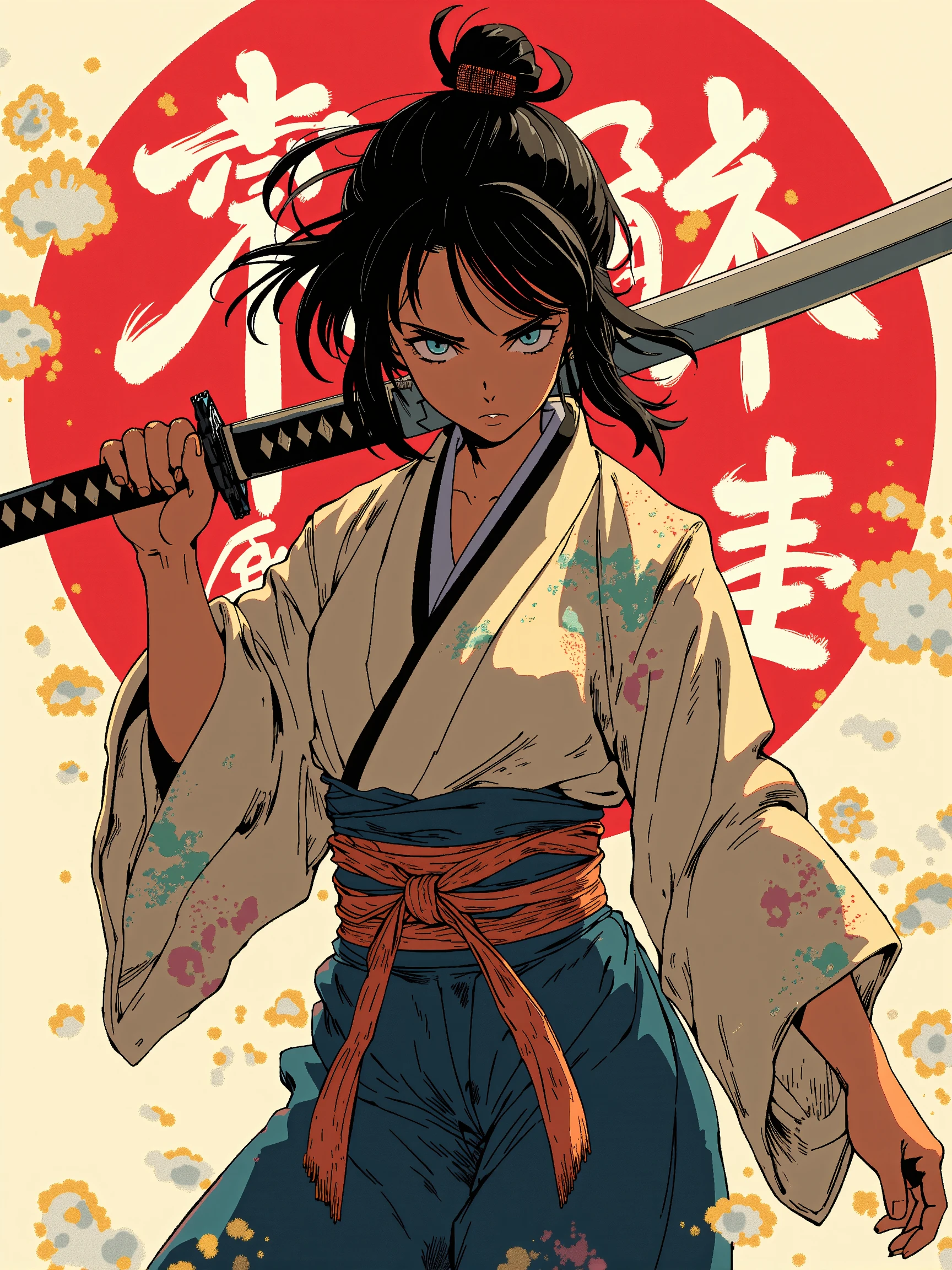 Anime style of a sublime female character in the style of anime from the 2000s. She wears a kimono and a katana on her shoulder. Badass dynamic pose, masterpiece, best quality <lora:MJanime_Flux_LoRa_v3_Final:1.0>