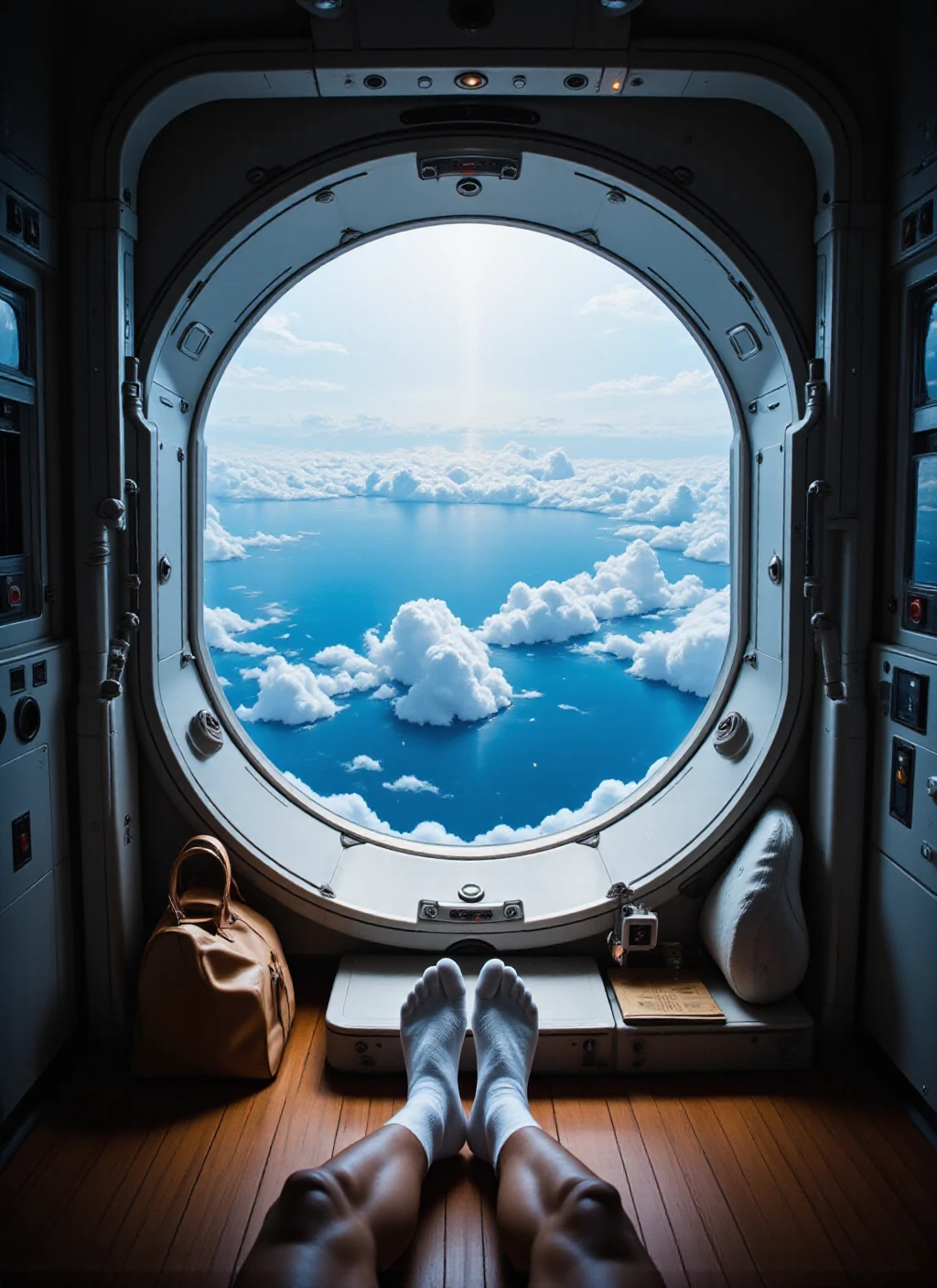 A captivating downward camera angle through a circular window, featuring Earth's clouds and blue oceans in a balanced composition with a single foot in white socks appearing relaxed against the vibrant planet below. A brown bag rests nearby, providing a personal touch to the scene. Technical apparatus and controls frame the environment, while soft, natural light filters in, creating a serene atmosphere with subtle reflections <lora:Milo_Manara_FLux_Stlye_Second_Try-000001:1>