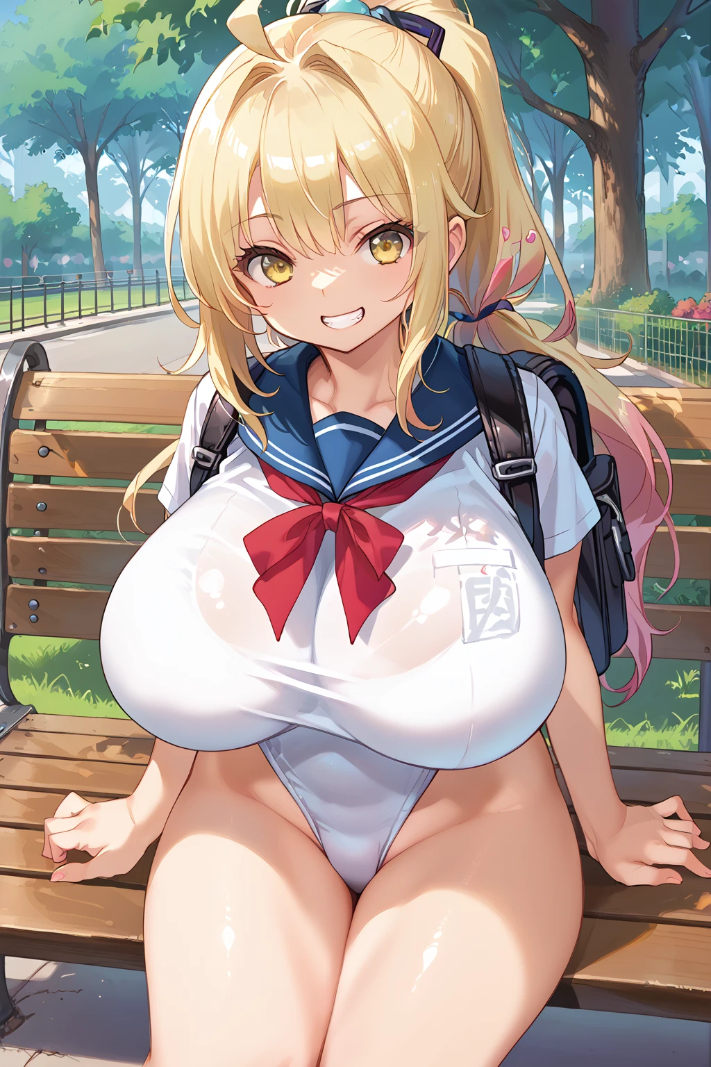 score_9, score_8_up, score_7_up, source_anime, BREAK, <lora:SerafukuLeotard:0.6>, serafuku leotard, sitting, bench, park, backpack, gigantic breasts, grin, yellow eyes, ponytail, long hair